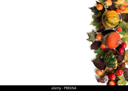Pumpkins with fall leaves and paradise apples over white background. Top view. Stock Photo