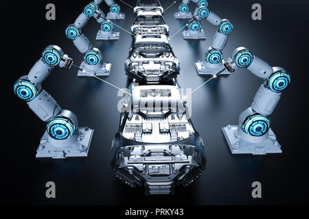 3d rendering robot assembly line in car factory on black background Stock Photo