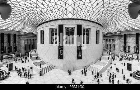 Black and white panorama of the Queen Elizabeth II Great Court of the British Museum in London, England.