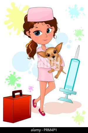 Cartoon little girl in the form of a nurse. Girl holding a dog in her arms. Stock Vector