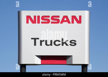 Saint Priest, France - September 8, 2018: Nissan trucks sign on a panel. Stock Photo