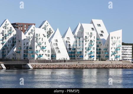 Aarhus, Denmark - August 26, 2018: Aarhus harbor and view of the Iceberg building from the sea in Aarhus, Denmark Stock Photo
