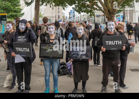 Members of the activist collective Anonymous for Voiceless, an animal rights organization specialized in street activism, demonstrate in London on Aug Stock Photo