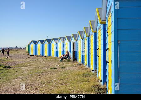 Colourful modern beach huts on the seafront at Littlehampton west Sussex England UK Stock Photo