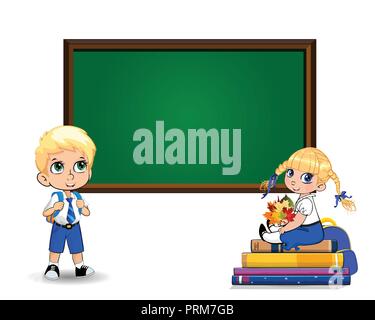 Cute cartoon school children near clear blackboard with copy space isolated on white background. Teachers day or back to school greeting card template Stock Vector
