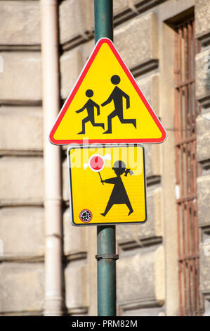 Slow Children Playing Sign and Stop Pedestrian Crosswalk Stock Photo