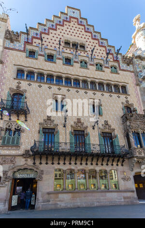 Casa Amatller is a building in the Modernisme style in Barcelona, designed by Josep Puig i Cadafalch, Catalonia, Spain. Stock Photo