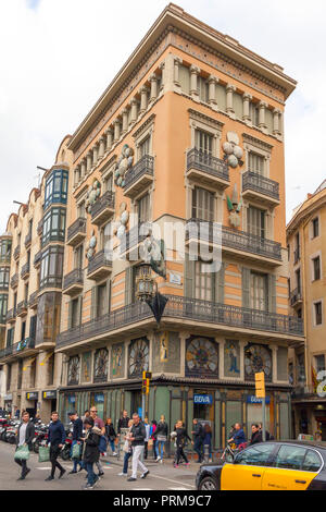 Las Ramblas, Casa Bruno Cuadros by Josep Vilaseca, Barcelona. Spain. Stock Photo