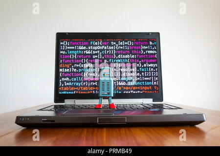 Robot with source code screen, artificial intelligence, deep learning ...
