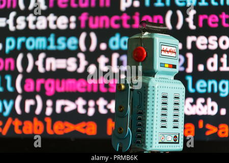 Robot with source code screen, artificial intelligence, deep learning ...