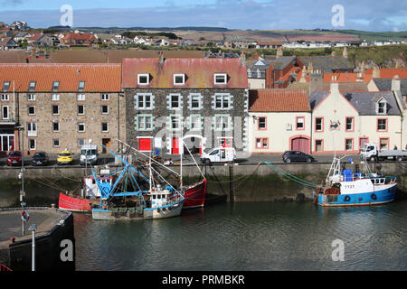 View of fishing boats in Eyemouth Harbor, Borders Region, Scotland with ...