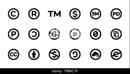 Licence and copyright sign set with trademark, creative commons, public domain and other icons. Stock Vector