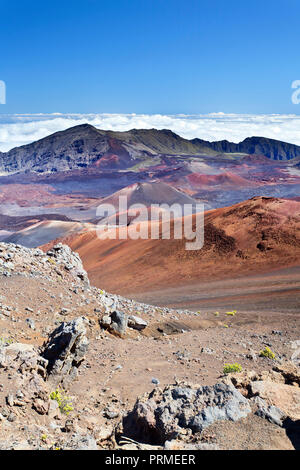 View into the colorful Haleakala Crater in Maui, Hawaii. Stock Photo