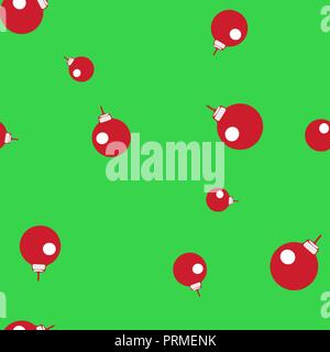 Red balls for decorating a Christmas tree seamless pattern. Green background. Vector illustration. Stock Vector