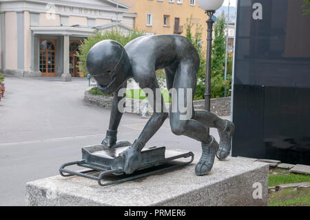 Bronze Sculpture of a Cresta Rider (1985) by David Wynne in St Moritz Switzerland Stock Photo