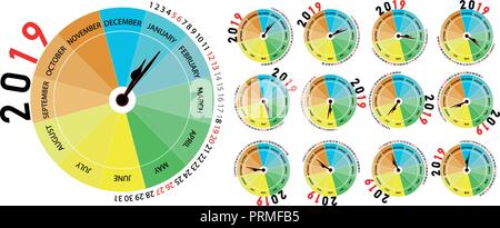 Vector 2019 calendar with all months. Original calendar with the shape of a clock that indicates the month and the season of the year by color. Stock Vector