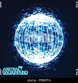 Abstract 3d Illuminated distorted Mesh Sphere . Neon Sign . Futuristic Technology HUD Element . Elegant Abstract Destroyed Sphere . Big data visualization . Stock Vector