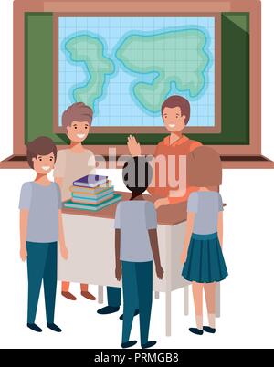 Geography class, teacher and pupils in room. Schoolboy showing country ...