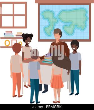 Geography class, teacher and pupils in room. Schoolboy showing country ...