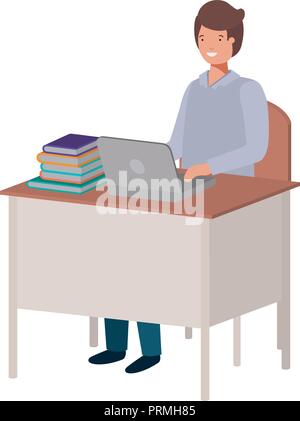 man sitting in school chair and desk with laptop Stock Vector