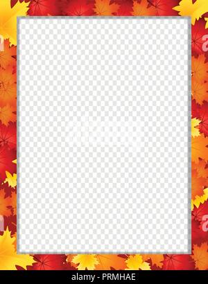 Vector vertical fame, border with fallen autumn leafage on transparent background with copy space for text. Abstract autumnal template with maple leav Stock Vector