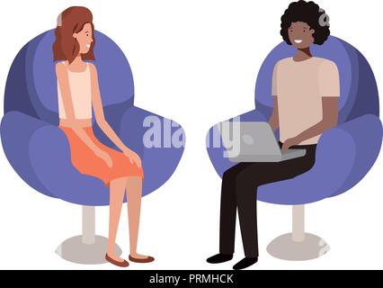 young couple using laptop in the sofa Stock Vector