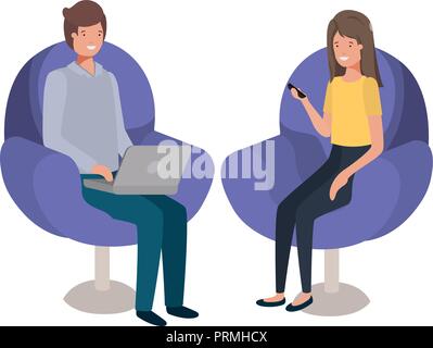 young couple using laptop in the sofa Stock Vector