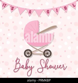 Vector image of an invitation card for a children's holiday. Baby shower illustration for a girl on a pink background with a stroller, flags and inscr Stock Vector