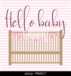 Vector image of an invitation card for baby shower. Greeting illustration for a girl on a pink striped background with a cot, flags and the inscriptio Stock Vector