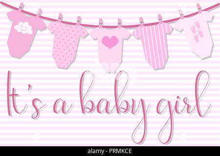 Vector image of an invitation card for baby shower. Greeting illustration for a girl on a pink striped background with the sliders on the rope and the Stock Vector