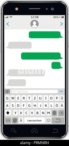 Smart phone with chatting sms screen and Germany alphabet virtual keyboard Stock Vector