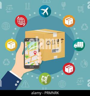 Shipping parcel gps tracking order flat design concept vector illustration Stock Vector