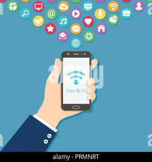 Hand holding smart phone with free wi-fi sign on screen. Free wi-fi flat design concept. Stock Vector