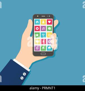 Hand holding mobile phone with colorful application icons on the screen. Flat design concept. Stock Vector