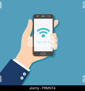 Hand holding black smartphone with Wi-Fi icon. Flat style illustration Stock Vector