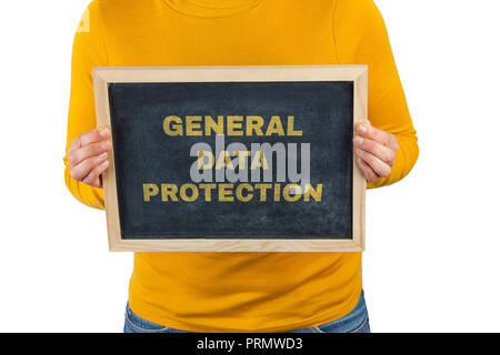 Female hands holding chalkboard with General Data Protectioin text isolated on white with copy space Stock Photo