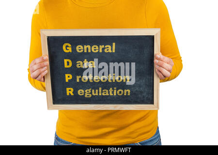 Female hands holding sign with General Data Protection Regulation text Stock Photo