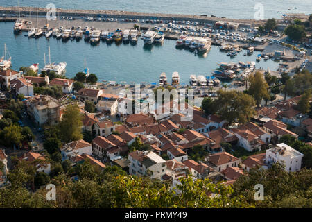 Scenic view of town and boat harbour in Kas, Turkey Stock Photo