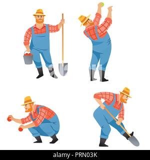 Set of four vector cartoon illustration of farmer wearing straw hat and overall using garden tools for various agriculture activities isolated on whit Stock Vector