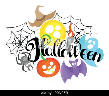 Happy Halloween, hand drawn lettering. Text banner or background for Halloween, hand written vector illustration. Stock Vector