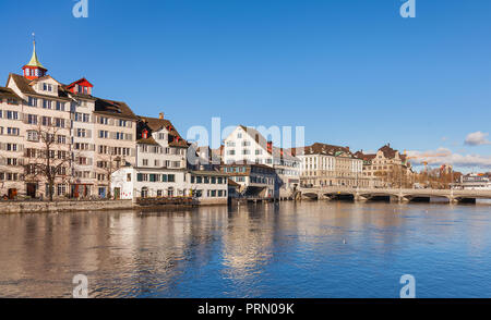 The Limmat river, buildings of the historic part of the city of Zurich along it. Stock Photo