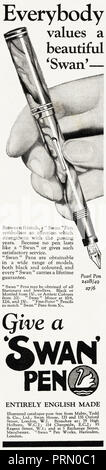 1930s old vintage original advert advertising Swan fountain pen in English magazine circa 1932 Stock Photo