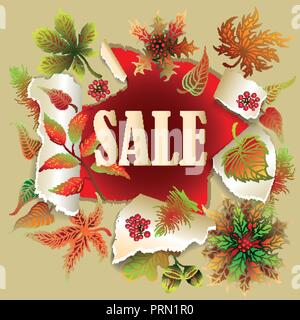 Banner for Autumn sale with colorful seasonal fall leaves and rowan for shopping discount promotion. Vector illustration. Stock Vector