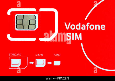 Vodafone Telephone Sim card showing different sizes - standard, micro and nano Stock Photo