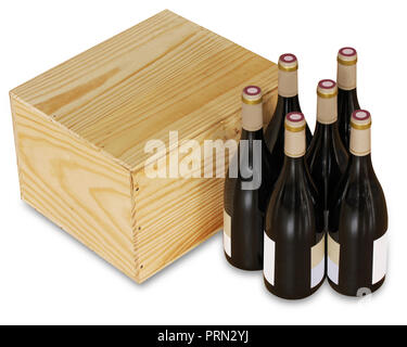 Wooden Case With Wine Bottles, Barrel, Wineglasses And Grape On Wooden 