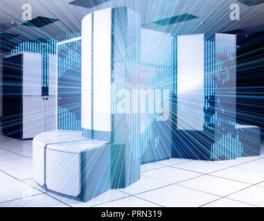 Modern datacenter. Servers room interior  web network and global internet communication technology, Big data processing. Mixed media Stock Photo