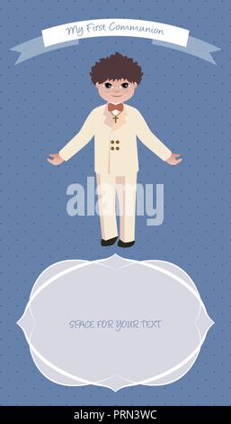 Cute boy wearing celebration clothes. My first communion celebration reminder. Vector illustration. Stock Vector