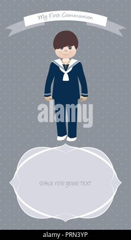 Cute boy wearing celebration clothes. My first communion celebration reminder. Vector illustration. Stock Vector