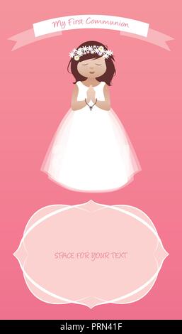 My first communion celebration reminder. Cute girl wearing white dress Stock Vector