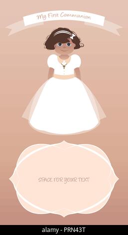 My first communion celebration reminder. Cute girl wearing white dress Stock Vector